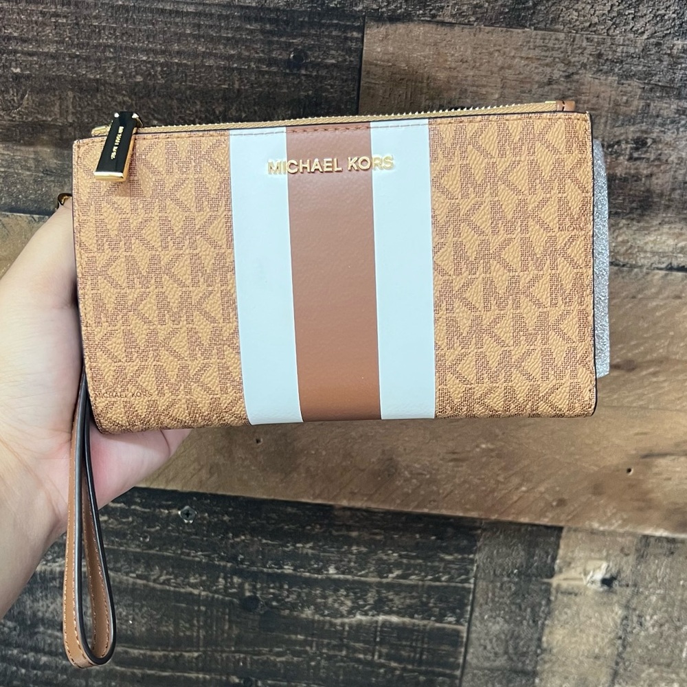 MICHAEL KORS Jet Set Signature Logo Stripe Double Zip Wristlet Wallet NWT